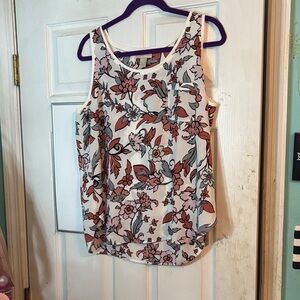 LOFT White Floral Tank Top with Pink & Rust Blooms Size Large Petite